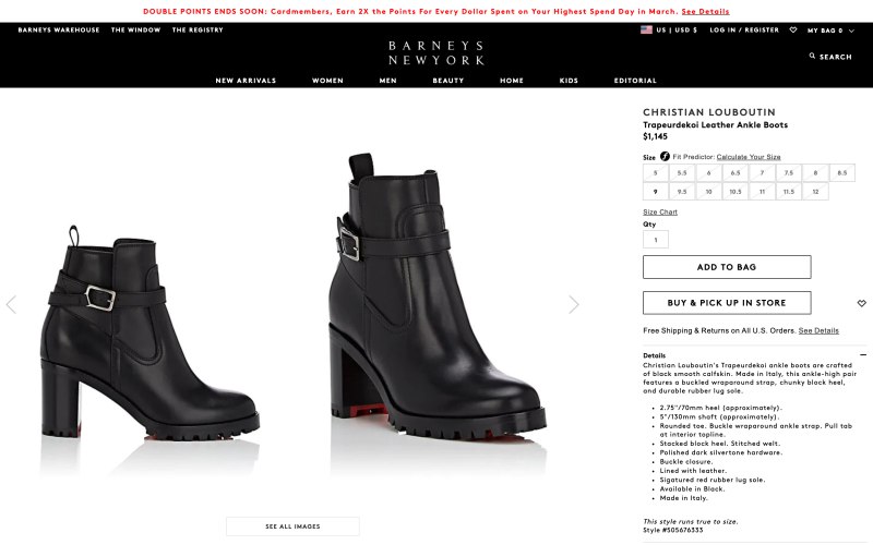 Barneys New York product page screenshot March 25, 2019