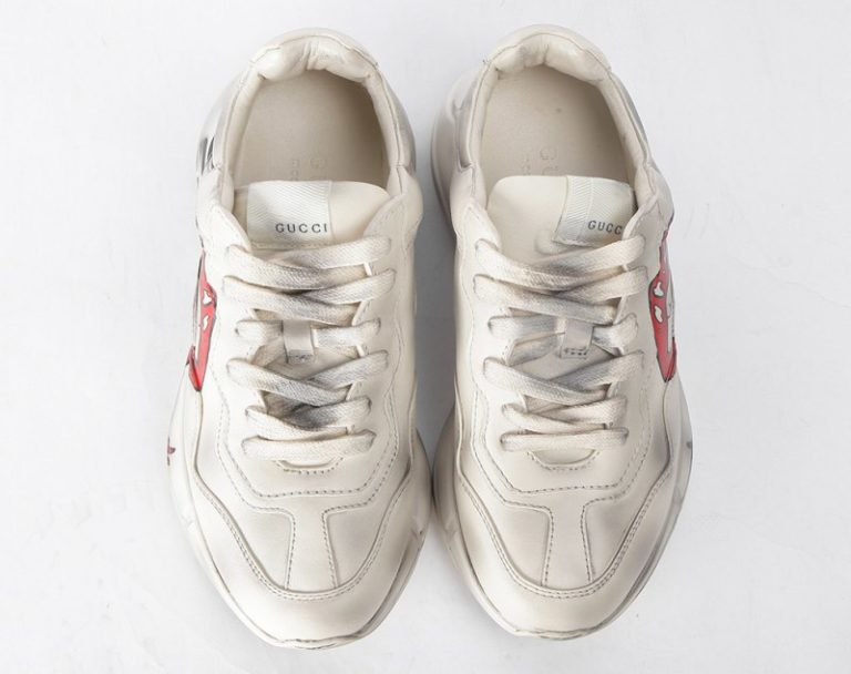 GUCCI Rhyton Printed Distressed Leather Sneakers 