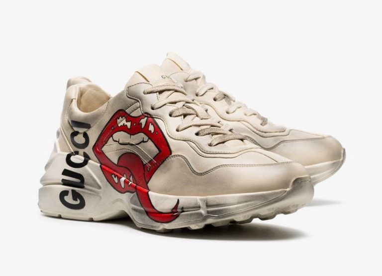 GUCCI Rhyton Printed Distressed Leather Sneakers 