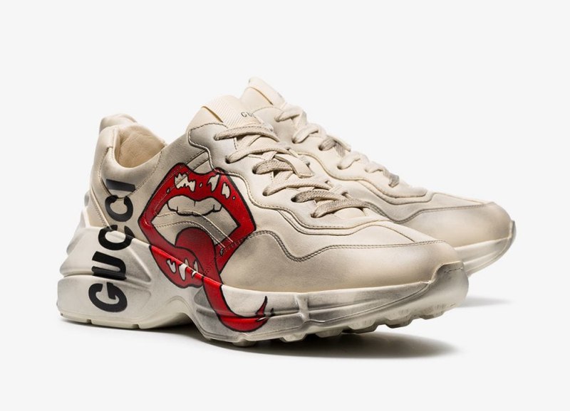 GUCCI Rhyton Printed Distressed Leather Sneakers Red Lips 8
