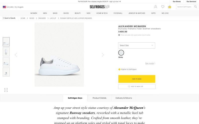 Selfridges product page screenshot on March 25, 2019