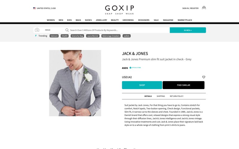 Goxip product page screenshot on April 20, 2019