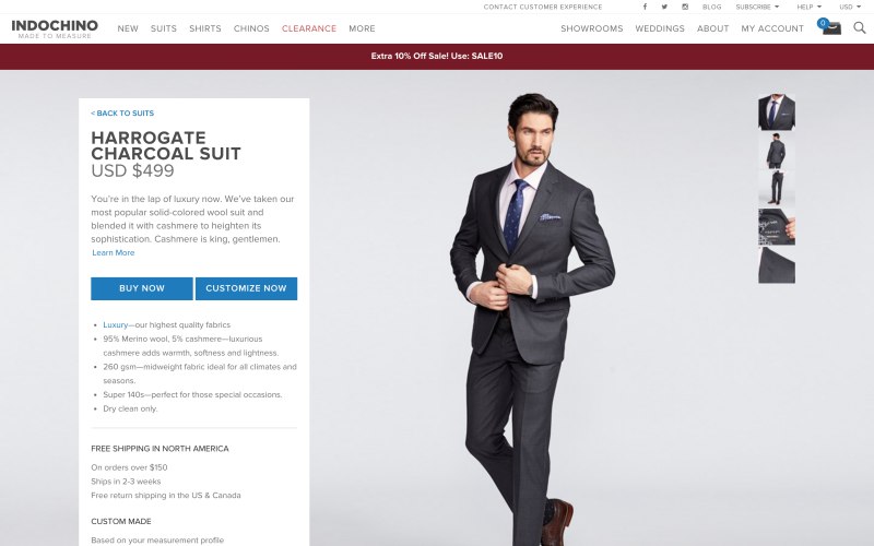 Indochino product page screenshot on April 17, 2019