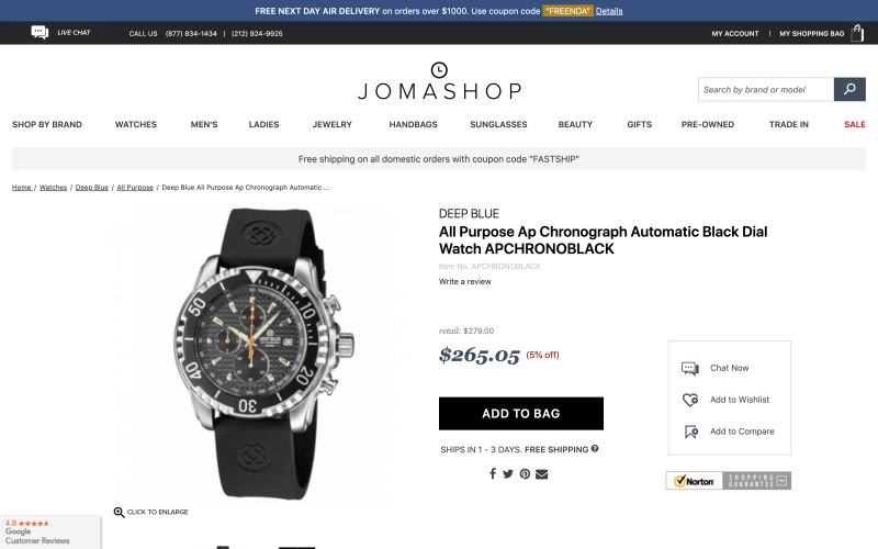 Jomashop product page screenshot on April 15, 2019