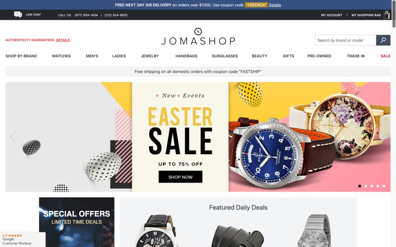 Jomashop home page screenshot on April 15, 2019