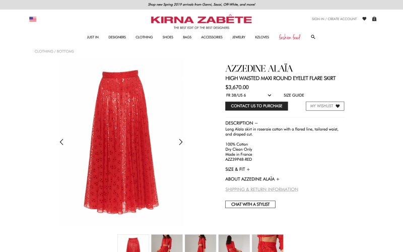 Kirna Zabete product page screenshot on April 2, 2019
