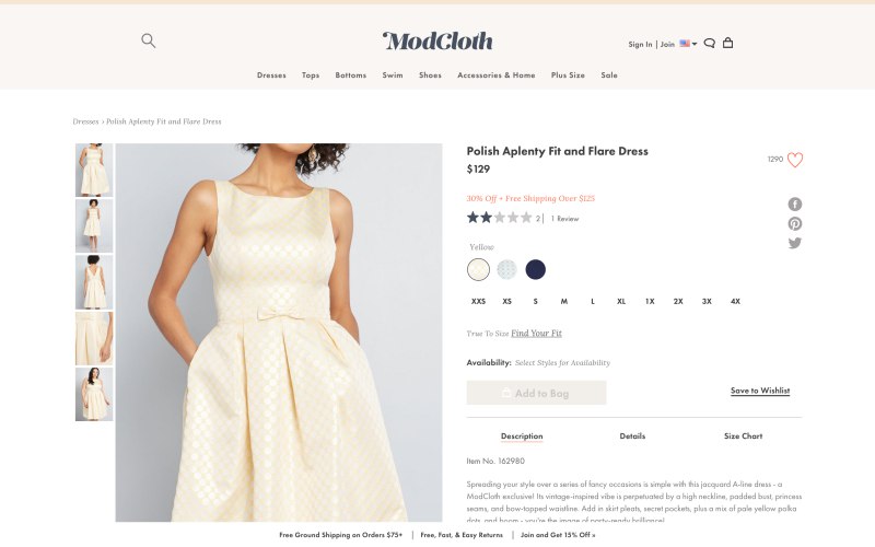 Modcloth product page screenshot on April 15, 2019