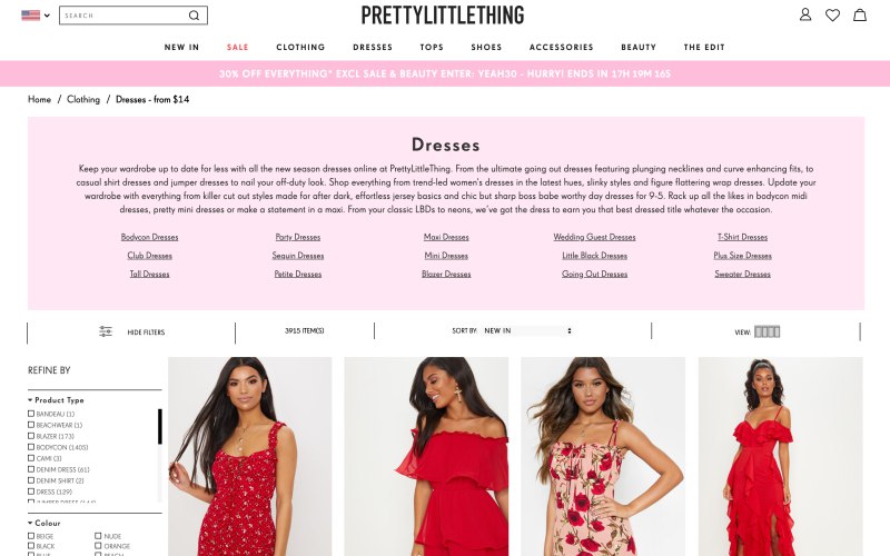 PrettyLittleThing catalog page screenshot on April 28, 2019