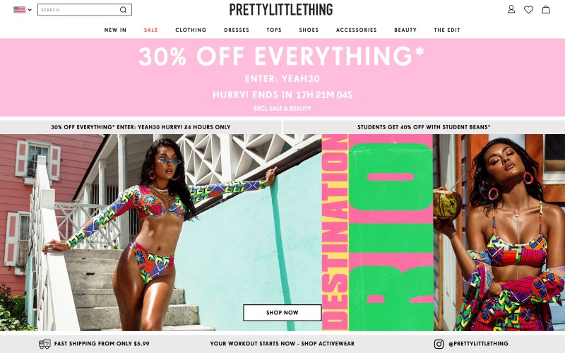 PrettyLittleThing home page screenshot on April 28, 2019