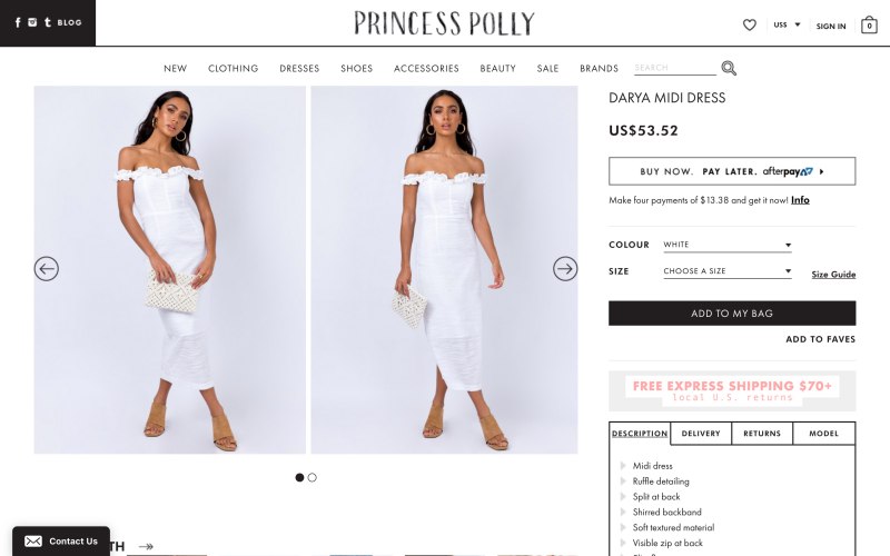 Princess Polly product page screenshot on April 23, 2019