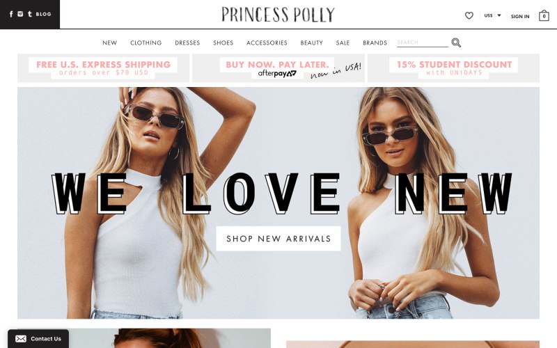 Princess Polly home page screenshot on April 23, 2019