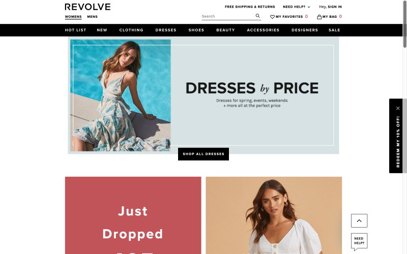 Revolve home page screenshot on April 9, 2019