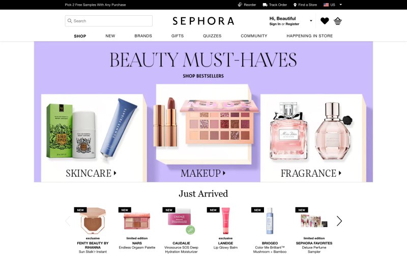 Sephora home page screenshot on April 11, 2019