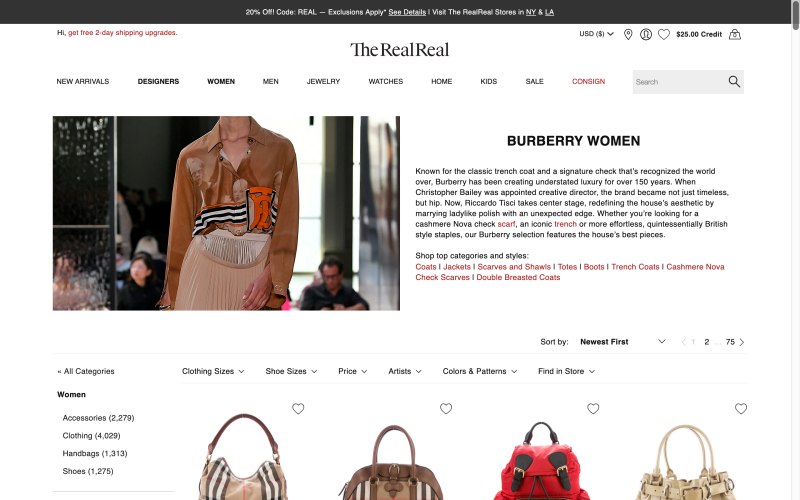 The RealReal catalog page screenshot on April 2, 2019