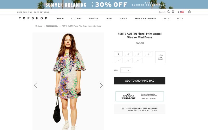 Topshop product page screenshot on April 11, 2019