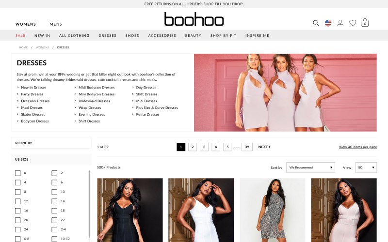 boohoo catalog page screenshot on April 11, 2019
