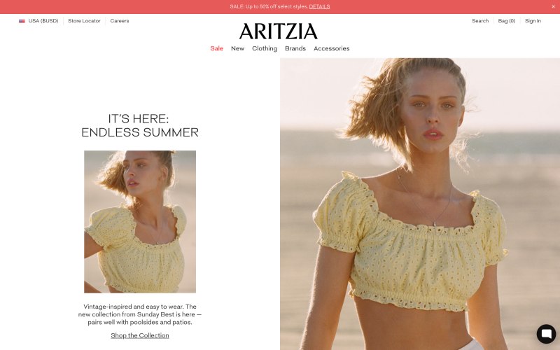 Aritzia home page screenshot on May 14, 2019