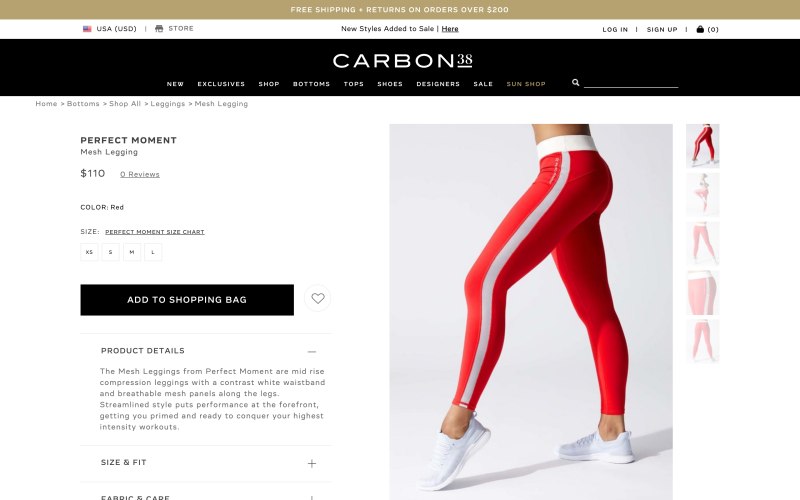 Carbon38 product page screenshot on May 15, 2019