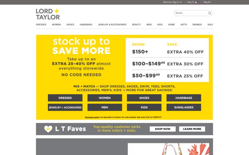 Lord + Taylor home page screenshot on May 14, 2019