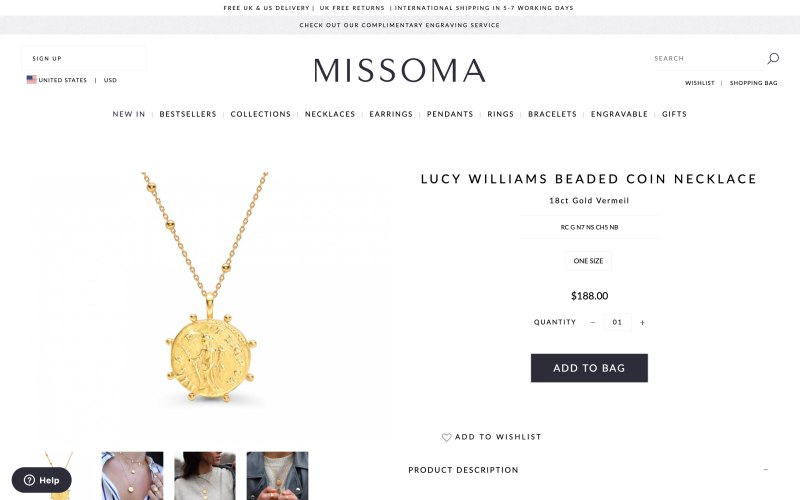 Missoma product page screenshot on May 1, 2019