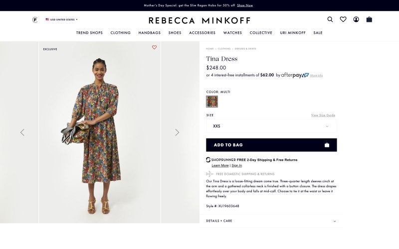 Rebecca Minkoff product page screenshot on May 3, 2019