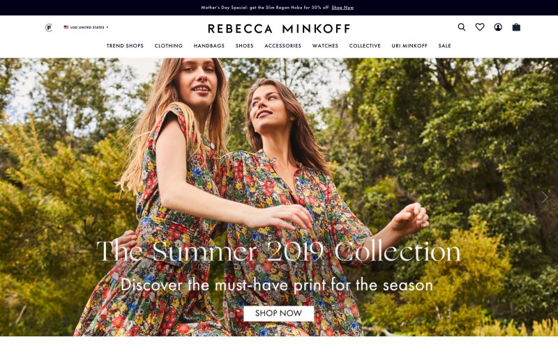 Rebecca Minkoff home page screenshot on May 3, 2019