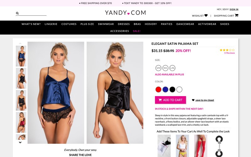 Yandy product page screenshot on May 15, 2019